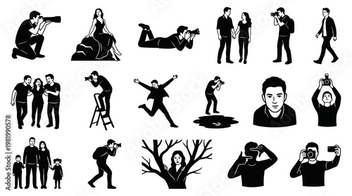 Photography Photographers and People Black and White Vector Illustrations Set