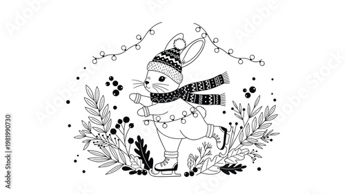 Whimsical line drawing shows a rabbit ice skating through a winter landscape decorated with string lights berries and festive foliage.