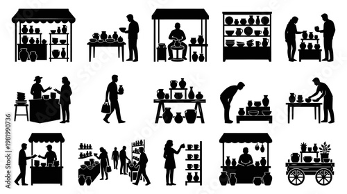 Black and white pottery market stalls, selling vases and ceramics