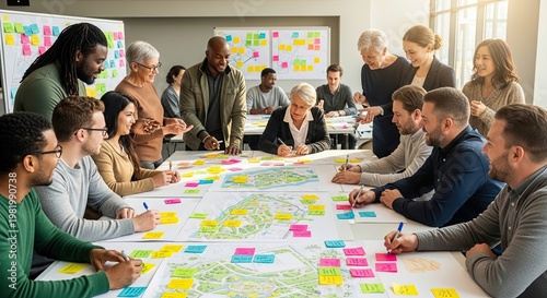 Diverse team brainstorming on map.