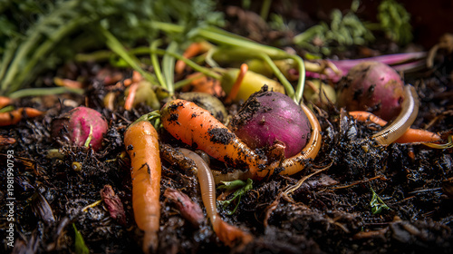 Organic compost pile with earthworms, vegetable scraps and soil. Nutrient rich garden composting bin.