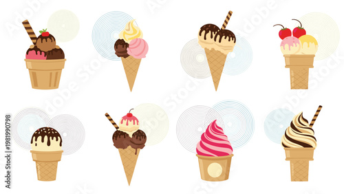 Variety of delicious ice cream cones and cups are displayed with different toppings like chocolate syrup cherries and wafer sticks.
