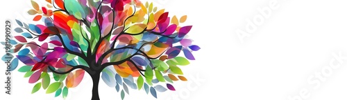 Watercolor tree with rainbow leaves, colorful abstract nature illustration, vibrant artistic plant