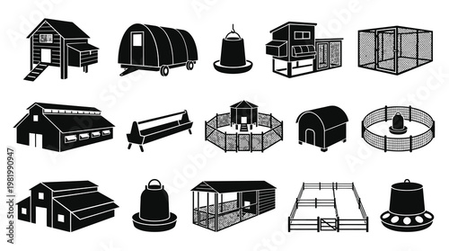 Farm Icons: Black  White Chicken Coop  Equipment Set Vector