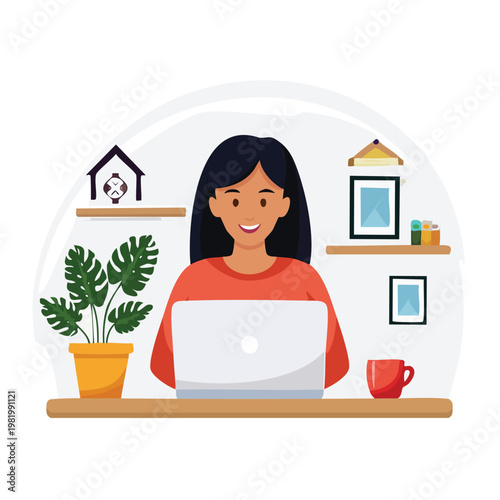 Remote worker, woman at home office, laptop on desk, modern workspace, freelancer