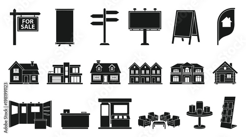 Real Estate Icons Set - Houses, Signs, Billboards, Booths, Furniture, Black Glyph Style