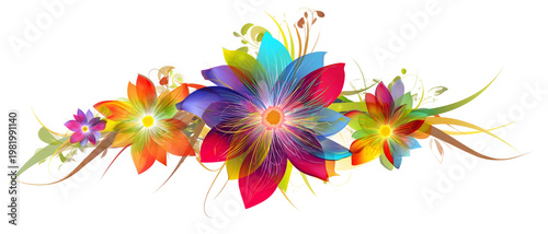 Colorful floral border illustration, vibrant rainbow flower arrangement, decorative spring ornament