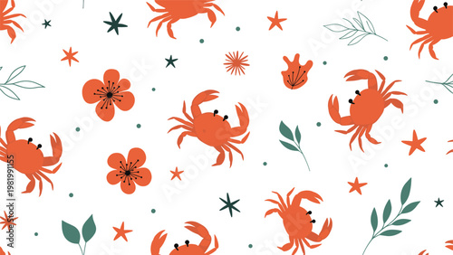 Playful seamless pattern features cute orange crabs scattered among simple flowers green leaves and various styles of sea stars.