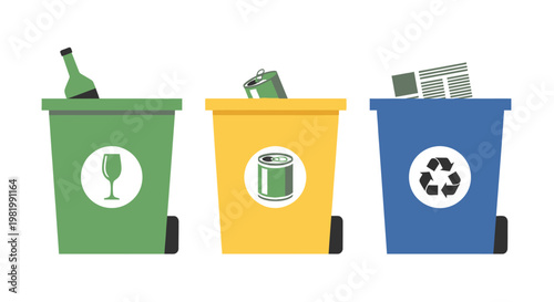 Recycling bins with various waste items for environmental sustainability