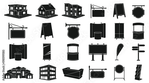 Business  Retail Icons: Buildings, Signs, Stands, Booths - Glyph Style