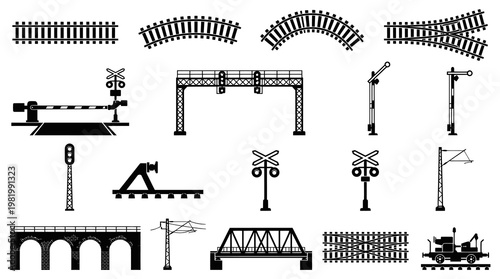 Railway Set, Train Tracks, Signals, Bridges, Crossing, Vector Icons