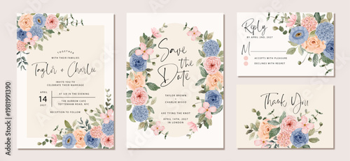 wedding invitation set with blue pink floral watercolor border