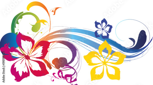 Colorful tropical floral ornament, vibrant rainbow flower swirls, exotic summer blossom decoration