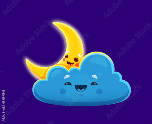 Cartoon funny weather characters featuring glowing crescent moon peeking behind smiling blue cloud with rosy cheeks on dark purple night background. Vector personages for bedtime story