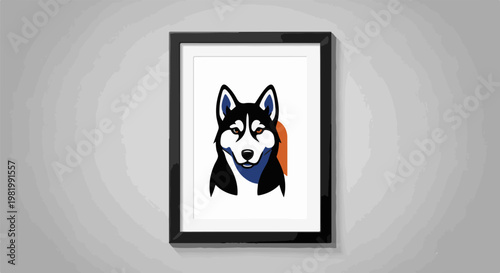 Stylized husky portrait in a black frame on a textured gray wall