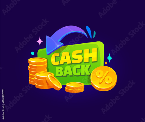 Cash back icon with gold coins and percent symbol. Cash back vector bonus icon featuring purple curved return arrow. Fintech app, loyalty program, online shopping promotion