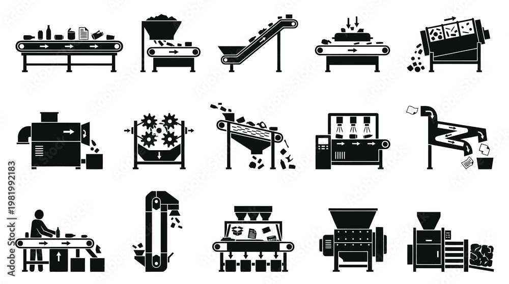 Obraz premium Black and White Icons of Industrial Recycling and Conveyor Belt Machinery