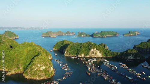 Aerial view of a floating village surrounded by lush green limestone islands in Ha Long Bay, Vietnam, under clear blue skies.