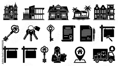 Real Estate Glyph Icons Set: Houses, Keys, Documents  Property Management Black  White Collection