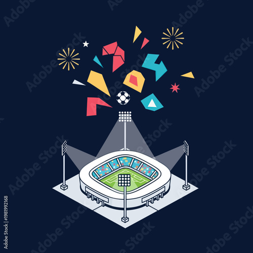 Soccer Stadium with Colorful Fireworks Display.
