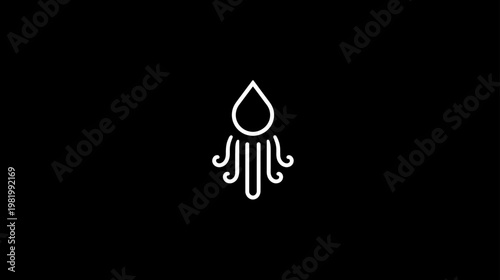 Elegant white line art abstract droplet with flowing tentacles on black background, modern minimalist graphic illustration