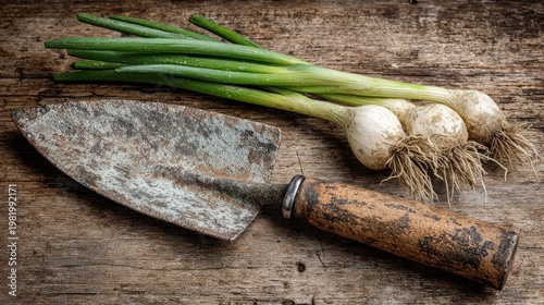 Freshly harvested spring onions rest beside a rustic hand trowel on aged wooden surface