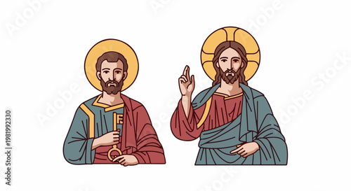 Stylized icons of two men with halos, one holding a large key