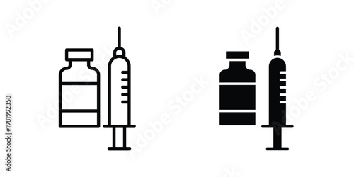 Vaccine vial icon editable vector pack. Black flat and line symbols
