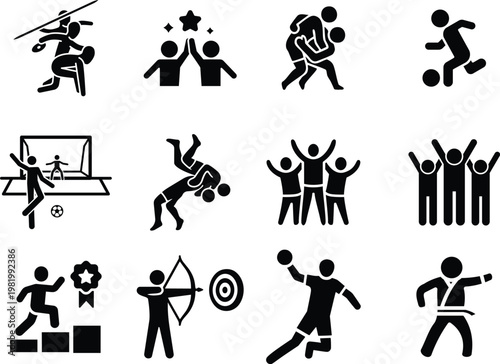 Active Sports, Competition, and Teamwork Black Solid Vector Silhouettes icon set