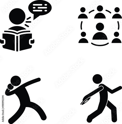 Active Sports, Competition, and Teamwork Black Solid Vector Silhouettes icon set