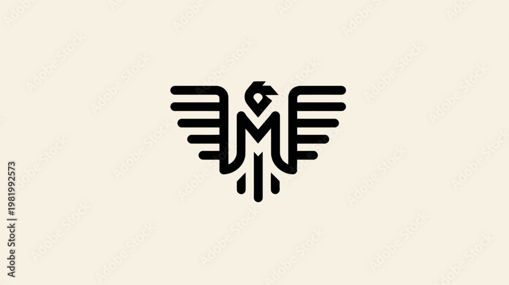 Fototapeta premium Minimalist stylized bird logo icon with wide wings and letter M shape. Modern black line art phoenix or eagle emblem on a beige background.