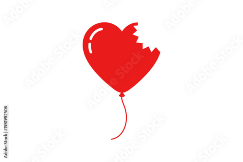 Broken heart balloon vector icon, red heart shape with bite mark, concept of heartbreak and lost love, flat emotional symbol for divorce or breakup