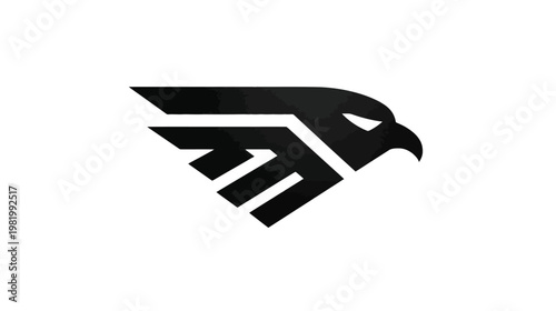 Modern stylized black eagle head and wing graphic icon. Geometric bird of prey logo design element on white background.