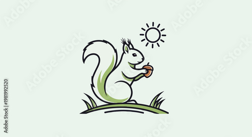 Stylized squirrel holding an acorn under the sun on grassy ground