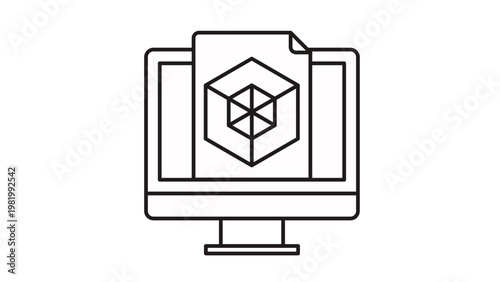 Minimalist black line art vector icon of a computer monitor with a document file displaying a 3D cube symbol, representing digital design, CAD software, 3D modeling, and file management systems.