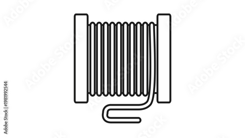Black line art vector icon illustration of a cable spool or wire reel, minimalist symbol for industrial equipment, electrical supplies, or construction materials isolated on a white background.