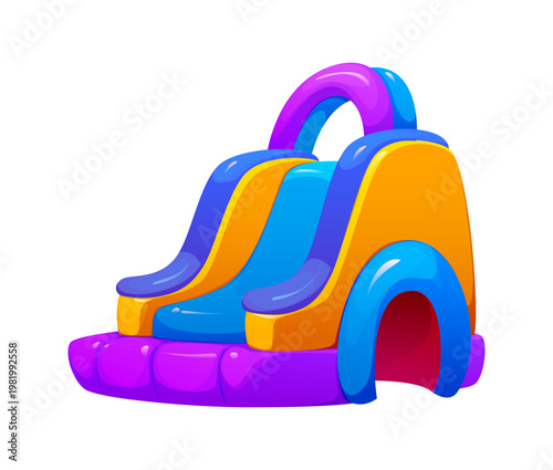 Trampoline park bouncy vector house, inflatable slide. Amusement park two smooth bouncy slides with arched top, rounded inflatable walls and tunnel entrance. Fun structure for children play and events