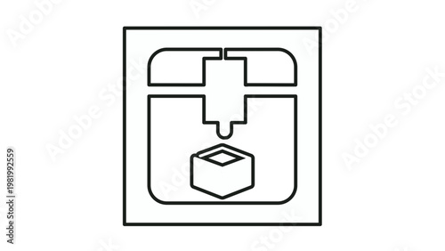 Minimalist black line vector icon of a 3D printer machine extruding a cube, representing additive manufacturing, rapid prototyping, industrial technology, and digital fabrication processes.