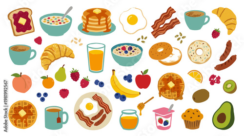 Delicious breakfast spread with pancakes bacon eggs toast coffee juice fruits and pastries on a white background healthy morning meal assortment