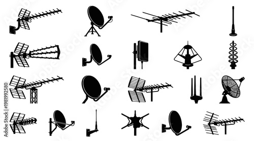 Black  White Vector Set of Various Antennas and Satellite Dishes for Technology