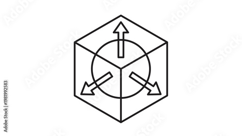 Minimalist black vector icon illustration of a 3D cube with three directional arrows and a central circle, symbolizing spatial dimensions, 3D modeling, CAD software, scaling, and geometry.