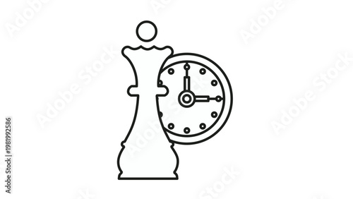 Strategic time management vector icon featuring a chess queen piece and a clock face, representing game planning, tactical thinking, competition deadlines, and efficient decision making.