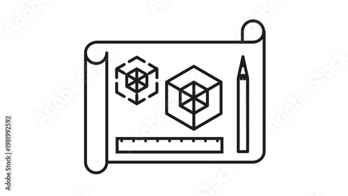 Black line art vector icon of a technical blueprint scroll with isometric 3D cube diagrams, a ruler, and a pencil, perfect for architectural design, engineering, and drafting project concepts.