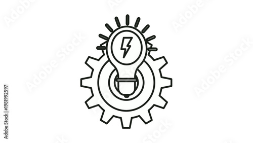 Black line art vector illustration of a light bulb with a lightning bolt symbol integrated with a mechanical gear, representing innovation, energy efficiency, engineering ideas, and smart technology.