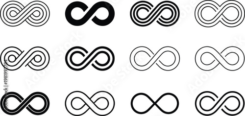 Set of nine seamless infinity loop symbols in black and white minimalist design for branding and logos