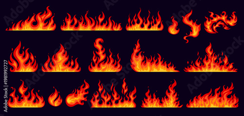 Cartoon fire flames. Vector set of burn effects. Bonfire, campfire, fireball or torch burning blaze. Glowing shining borders with long waving tongues. Decorative ignition stripes, spicy elements set