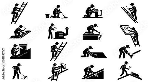 Construction Workers Icon Set on White Background, Glyph Style