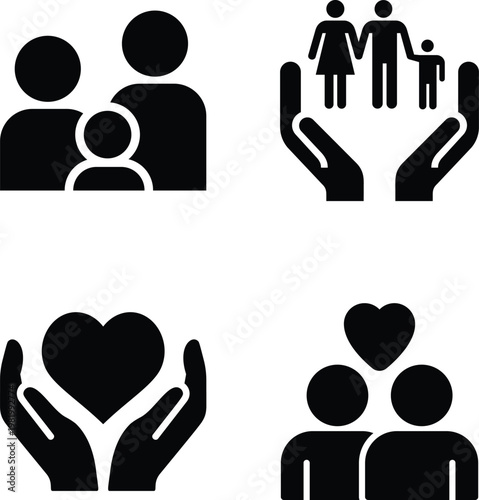 Parents, Children, and Grandparents Family Life Glyph Icons and Family, Love, and Generational Care Solid Silhouette Vector Icon Set
