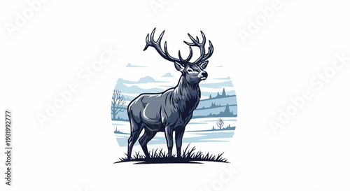 Stylized stag stands tall in a blue and white winter landscape