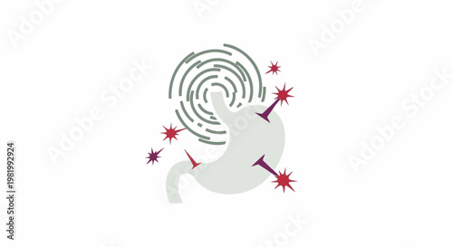 Stylized stomach with radiating lines and sharp starbursts